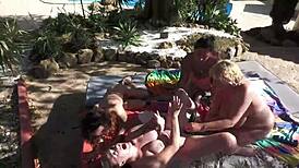 Lesbian Foursome Rips Clothes, Shaved Pussies Squirt In Sunlit Party Sex