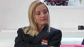 Blonde coed Sicilia starts with deepthroat blowjob and pussy licking on her tutor, then rides in cowgirl and doggystyle for squirting orgasm.