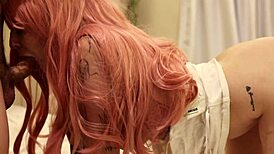 does this straight-jacketed babe with pink hair suck cock in missionary?