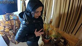 Milfy Calla previews cum on black leather leggings in fetish roleplay