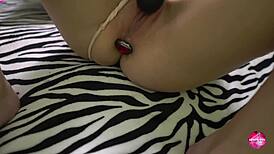 sexy passion with butt plug playfully masturbates tight vagina 😍