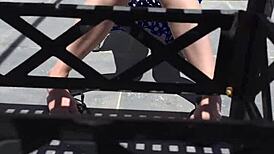 Blonde rubs suncream on tits while sunbathing publicly, flashing neighbors 😏