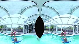 european foursome with big tits by the pool, shaved and ready.