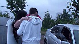 Girl undresses in car heading to public gangbang orgy