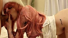 does this straight-jacketed babe with pink hair suck cock in missionary?