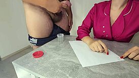 A nurse in a sperm donation session jerks off the patient with subtitles