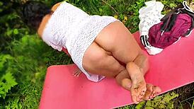 I stood up and lifted my skirt to reveal no panties outdoors