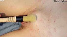 Paint brush makes my stepsister's tight pussy wet, he says