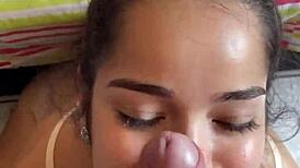 novinha debora prado drops to mouth on big cock for deep sloppy blowjob