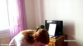 Beautiful Naked Redhead Karolinka Applies Makeup with Small Natural Tits