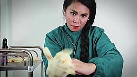 nurse in hospital uses latex gloves for fetish play