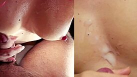 This milf begs for cum on her tits in close-up.