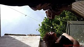 Outside bent over assfuck with cum swallow closeup!