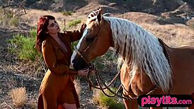 big ass curvy redhead milf exposes tits rides horse