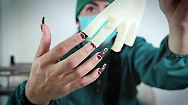 nurse in hospital uses latex gloves for fetish play