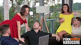 new best friends cindy shine and isabella de laa start with lesbo ass banging before rough dp orgy