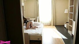 Skinny teen sucks cock in stockings, gets cum in pussy