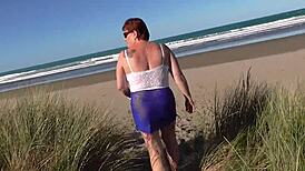 Kiwi trashy milf walks in see-through clothes at the beach, then gets creampie fucked in plain view trailer.