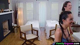 The submissive stepdaughters gave their stepdads a massage day. It turned into an orgasmic family banging session.