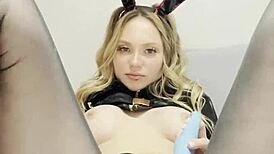 Cute bunny playfully caresses her clit and labia, teasing sensitive spots