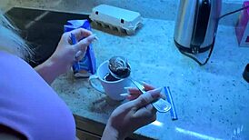 Sexy Alice Delivers Intense Blowjob to Boyfriend in Kitchen, Swallowing Huge Cumload in Mouth