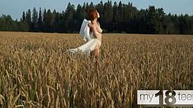 My18teen cute girl masturbates her pussy in the field