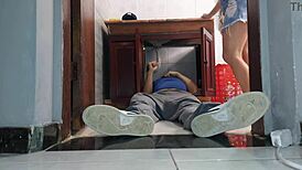 cuckold wife takes neighbor plumber's big cock in skirt without panties