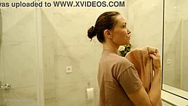 kristina's morning routine in the kitchen, barefoot and bathing