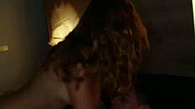 Beautiful redhead agatha delivers intense blowjob to jason on bed with kissing and licking.