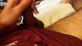 Jerking off huge cock in bedroom