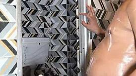 She took my cum in her mouth during intense bathroom sex with fingering.