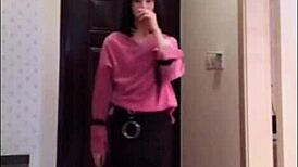 asian ladyboy masturbates her dick, flashes it to the woman, and cums