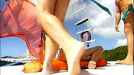 brunette latina threesome on boat with blowjob anal riding cum in mouth