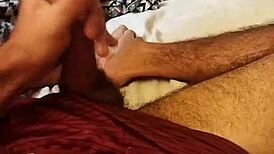 Jerking off huge cock in bedroom
