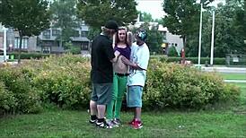 Y hottie alexis crystal enjoys a public threesome with two guys outdoors.