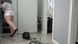 a home camera watches a mature housewife with a thick ass under a short robe and big boobs chubby milf behind the scenes pawg