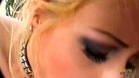 Blonde milf in latex has rough sex with two guys