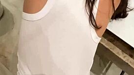 brunette babe gets fucked doggystyle in bathroom at college party creampie