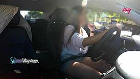 hot wife showing off in the car for a stranger and letting him touch her