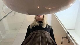 Hot Blonde Babe Strips in Pantyhose and Heels in Bathroom