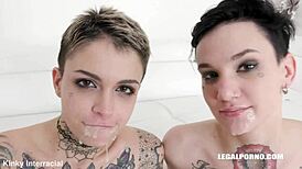 Leigh Raven and Nikki Hearts try first-time lesbian fun.