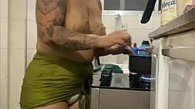 Live in kitchen, mini skirt flashing swollen pussy