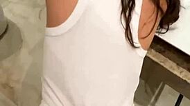 brunette babe gets fucked doggystyle in bathroom at college party creampie