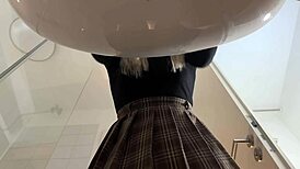 Hot Blonde Babe Strips in Pantyhose and Heels in Bathroom