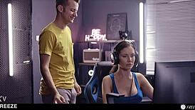 gamer girl gets banged after time freeze - lol match turns into pussy creampie and cum in mouth lobby