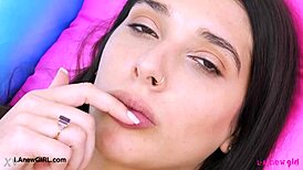 Tall and pretty brunette model shows her sexy body.