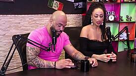 Slutty black babe sucks black guy's cock and measures it after his denial