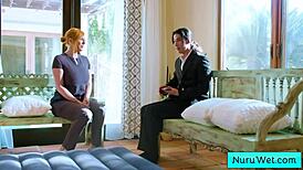 Sexy big tit blonde masseuse explains nuru massage to client