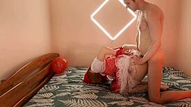 Amateur deepthroat and hard anal sex with girl in red costume
