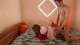 Amateur deepthroat and hard anal sex with girl in red costume